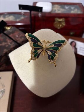 Gold Butterfly Brooch with Green and Black Enamel